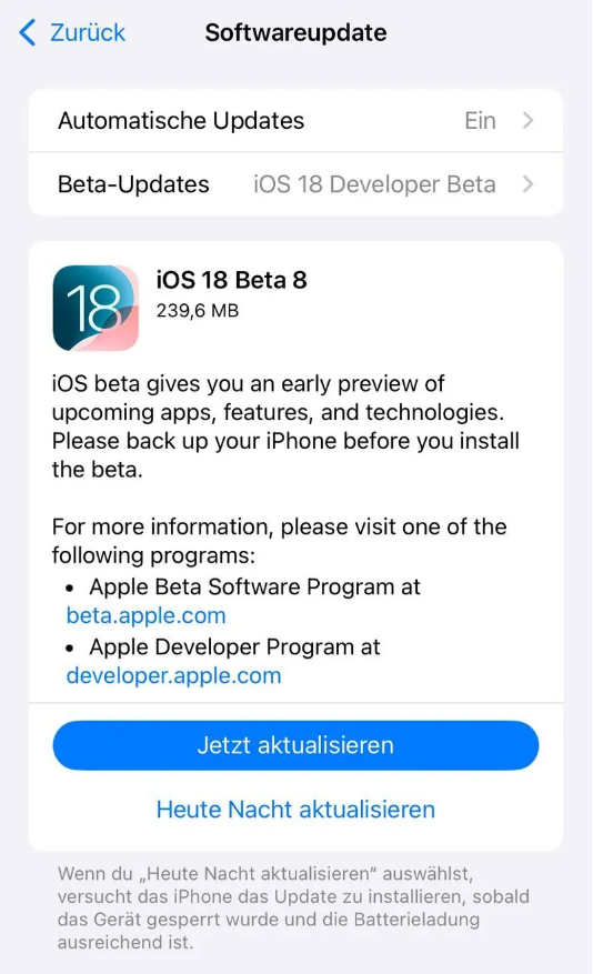 平阳苹果手机维修分享苹果 iOS / iPadOS 18 开发者预览版 Beta 8 发布 